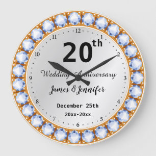 20th Wedding Anniversary diamond Custom Names Large Clock