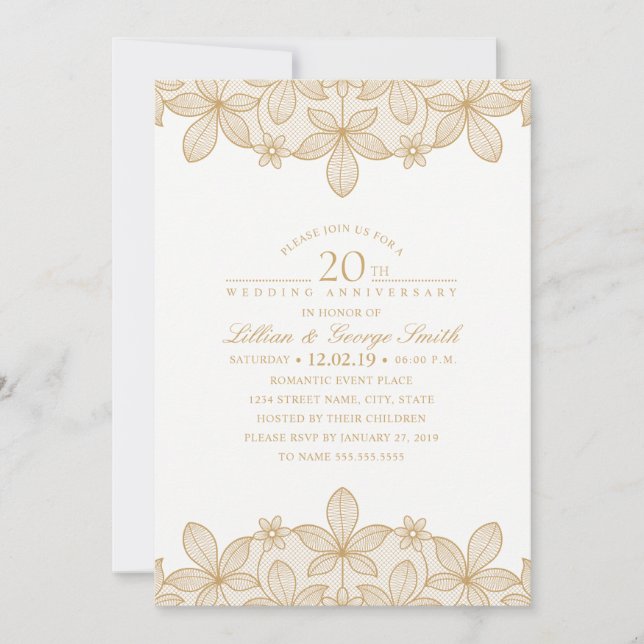 20th Wedding Anniversary Elegant Golden Lace Invitation (Front)