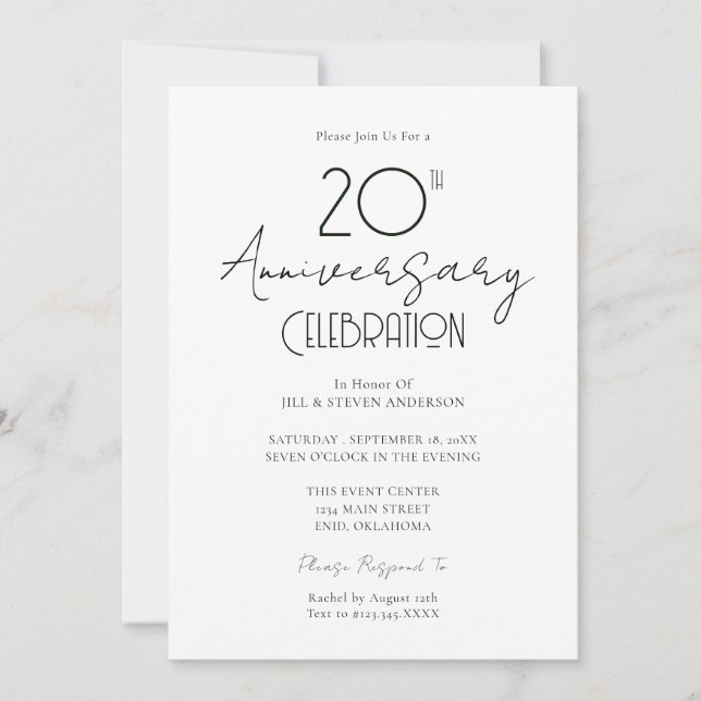 20th Wedding Anniversary Elegant Script Invitation (Front)