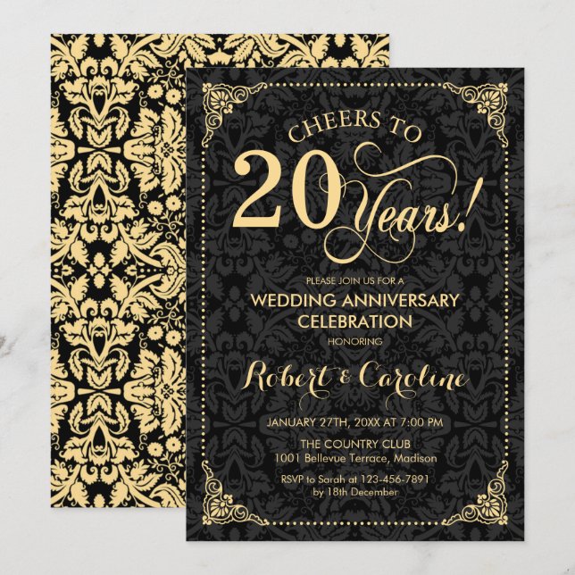 20th Wedding Anniversary - Gold Black Damask Invitation (Front/Back)