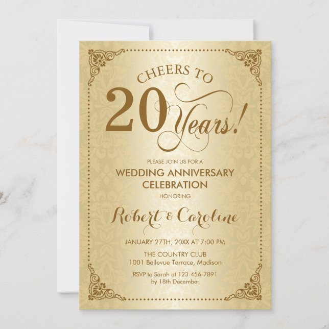 20th Wedding Anniversary - Gold Damask Invitation (Front)