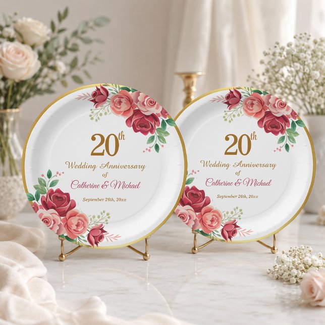 20th Wedding Anniversary Gold Frame Floral Paper Plate (Creator Uploaded)