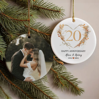 20th Wedding Anniversary Gold Hearts Couple Photo Ornament