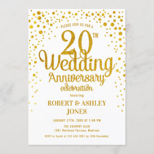 20th Wedding Anniversary - Gold & White Invitation