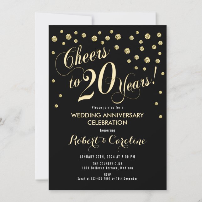 20th Wedding Anniversary Invitation - Black & Gold (Front)