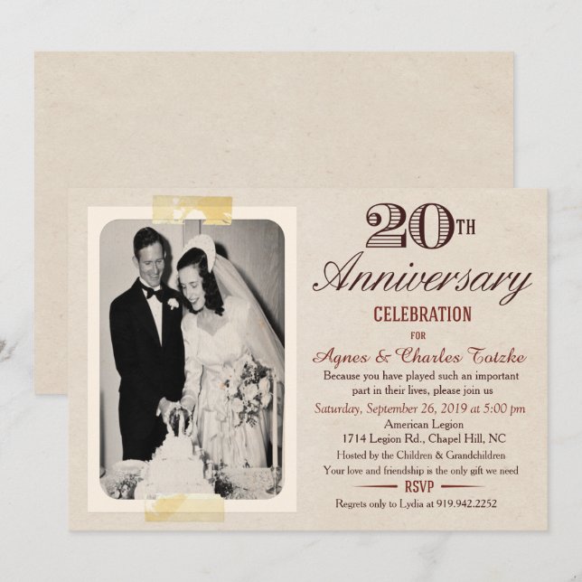 20th Wedding Anniversary Invitation - Custom Photo (Front/Back)