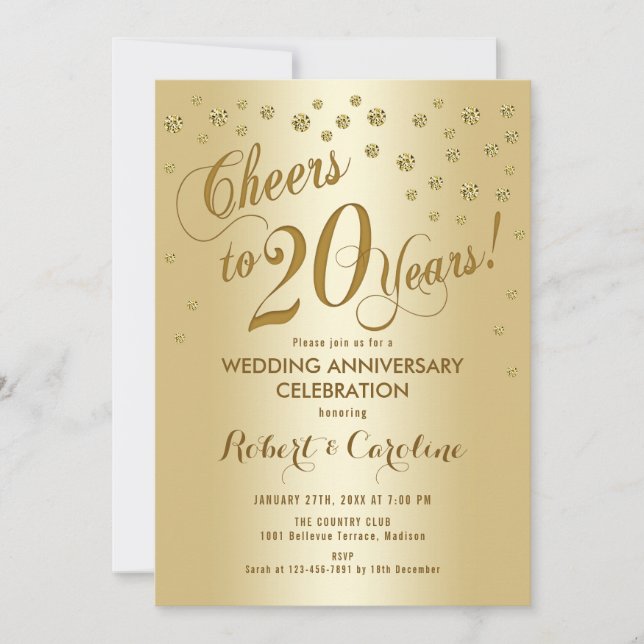 20th Wedding Anniversary Invitation in Gold (Front)