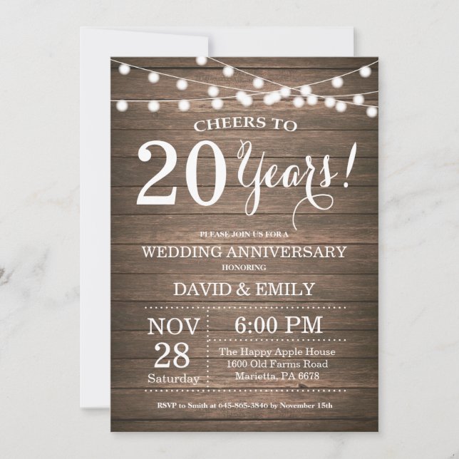 20th Wedding Anniversary Invitation Rustic Wood (Front)