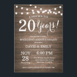 20th Wedding Anniversary Invitation Rustic Wood<br><div class="desc">20th Wedding Anniversary Invitation. Rustic Wood Background. String Lights. 1st, 2nd, 3rd, 4th, 5th, 10th, 15th, 20th, 25th, 30th, 35th, 40th, 45th, 50th, 55th, 60th, 65th, 70th, 75th, 80th, Any Years. Adult Birthday. Woman or Man Male Birthday Party. For further customisation, please click the "Customise it" button and use our...</div>