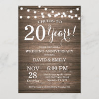 20th Wedding Anniversary Invitation Rustic Wood