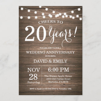 20th Wedding Anniversary Invitation Rustic Wood