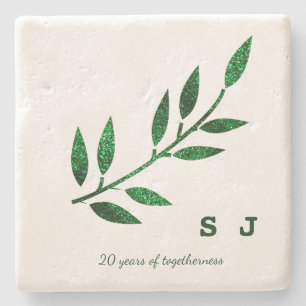20th Wedding Anniversary  Monogram Emerald Green Stone Coaster