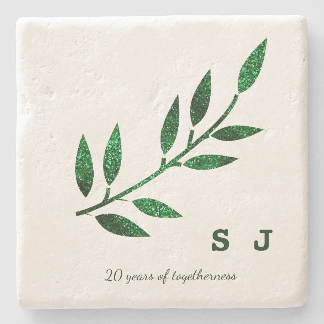 20th Wedding Anniversary  Monogram Emerald Green Stone Coaster (Front)