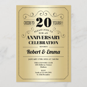 20th Wedding Anniversary Party - Gold Black Invitation