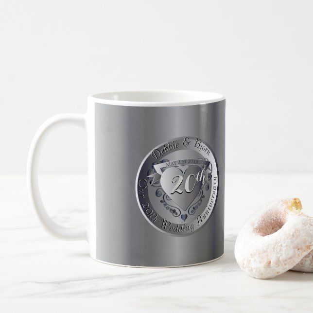 20th Wedding Anniversary Platinum 2Heart Medallion Coffee Mug (With Donut)