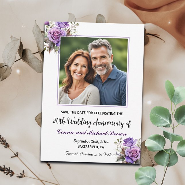 20th Wedding Anniversary Purple Roses Photo Save The Date (Creator Uploaded)