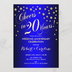 20th Wedding Anniversary - Royal Blue & Gold Invitation