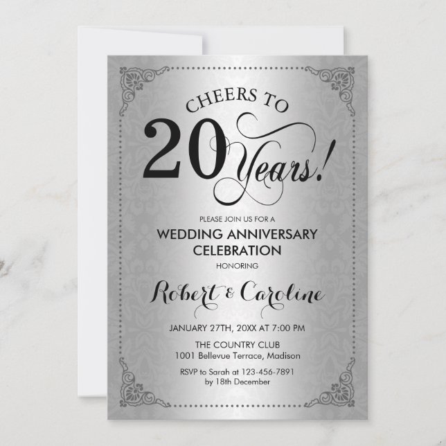 20th Wedding Anniversary - Silver Black Damask Invitation (Front)