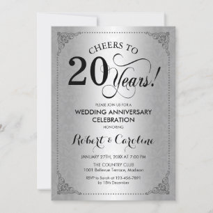 20th Wedding Anniversary - Silver Black Damask Invitation