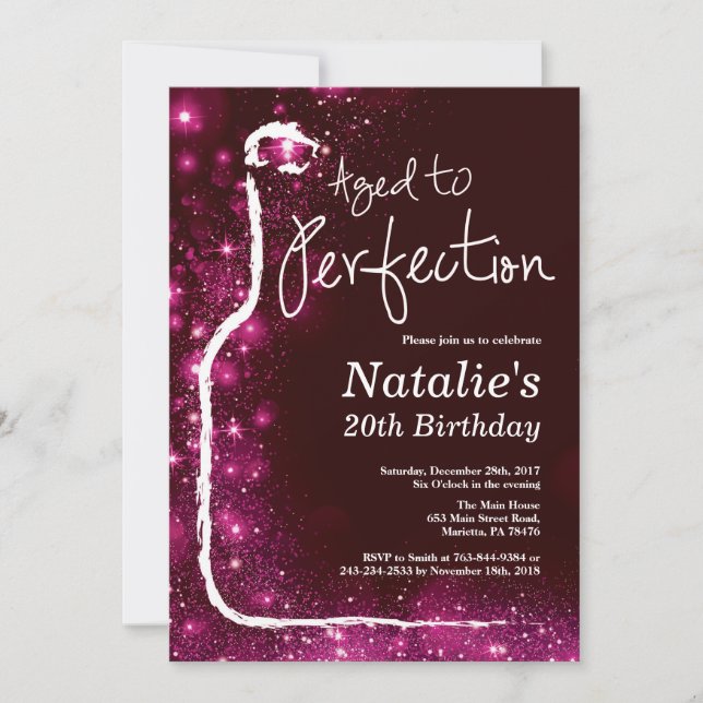 20th Wine Birthday Aged to Perfection Pink Glitter Invitation (Front)