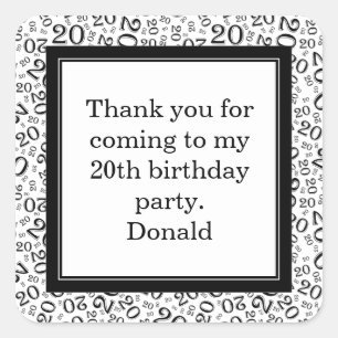 20th Your Age Random Number Pattern Black/White Square Sticker
