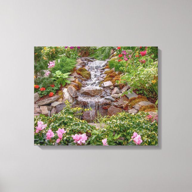 20x16 Flowing Waterfall with spring flowers Canvas Print (Front)