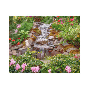 20x16 Flowing Waterfall with spring flowers Canvas Print