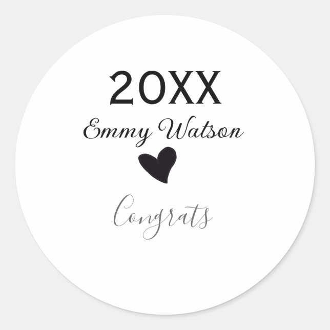 20XX bold letter congrats graduation name heart si Classic Round Sticker (Front)