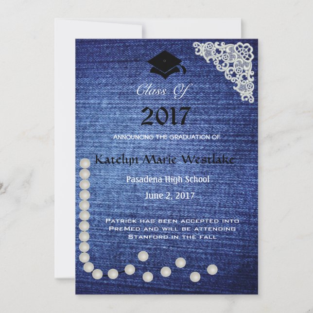 20XX Denim, Lace & Pearls Graduation Announcement (Front)