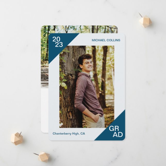 20XX Grad Custom Photo Simple Blue Corner  Announcement (Front/Back In Situ)