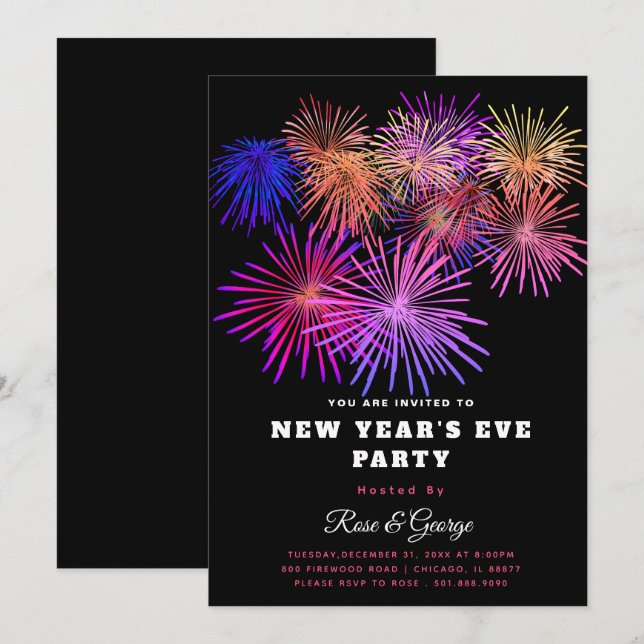20XX New Year's Eve Party Colourful Fireworks  Invitation (Front/Back)