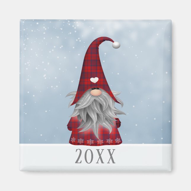 20xx Red & Black Buffalo Plaid Christmas Gnome Magnet (Front)