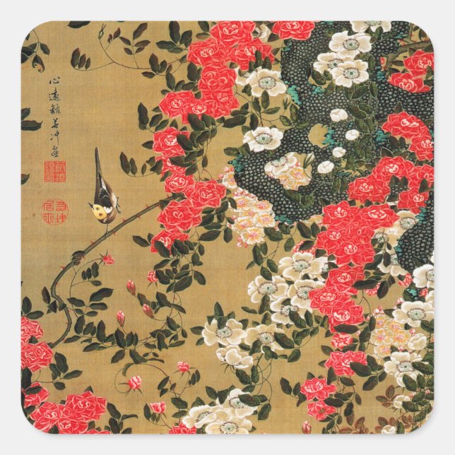 21. 薔薇小禽図, 若冲 Roses & Small Bird, Jakuchū Square Sticker (Front)