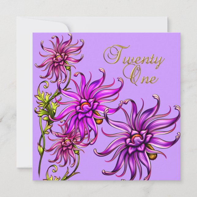 21 21st Birthday Elegant White Floral Pink Purple Invitation (Front)