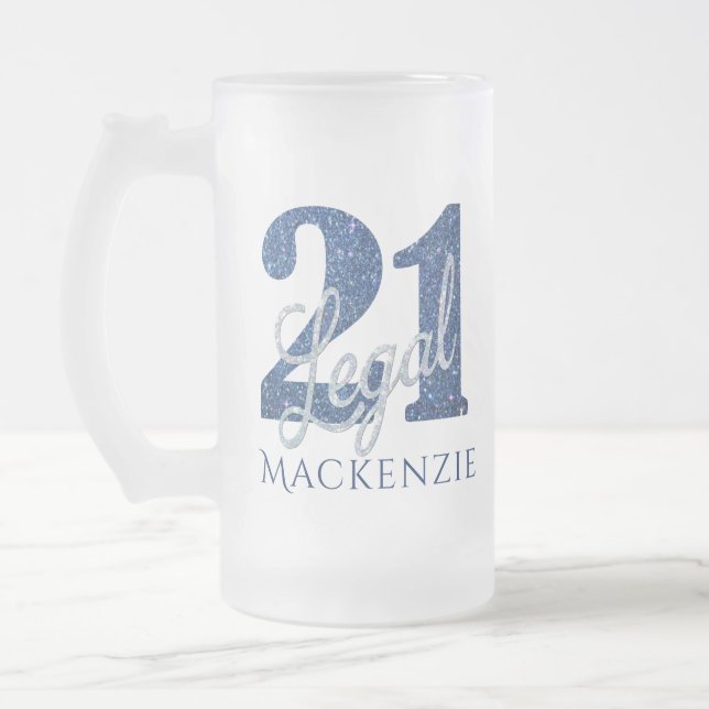 21 and Legal | Blue 21st Birthday Chic Glitter Frosted Glass Beer Mug (Left)
