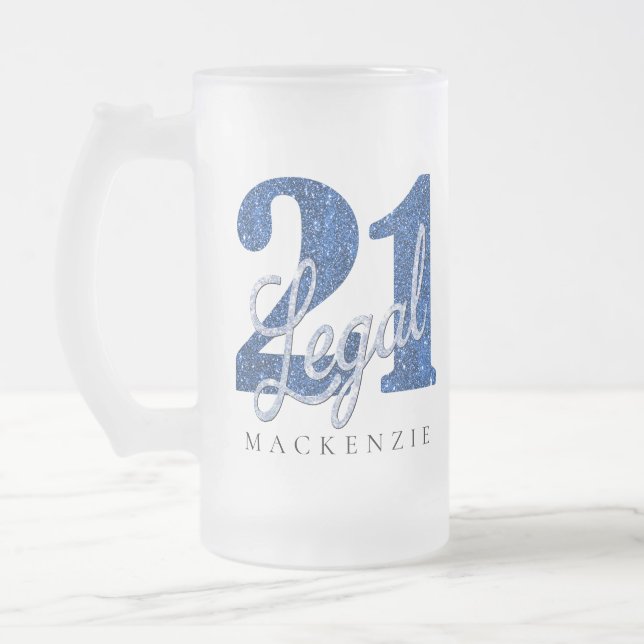 21 and Legal | Blue Faux Glitter 21st Birthday Frosted Glass Beer Mug (Left)