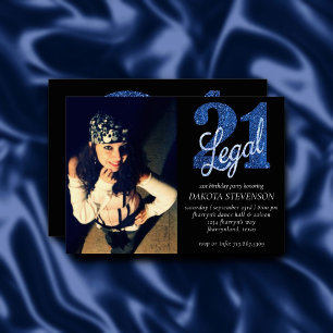 21 and Legal   Blue Faux Glitter Photo Keepsake Invitation