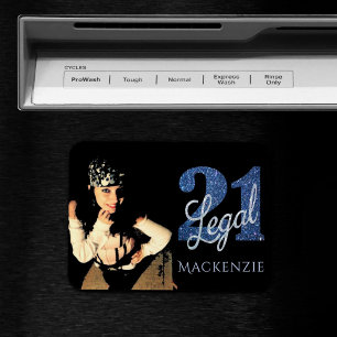 21 and Legal Blue Faux Glitter Photo Keepsake Magnet