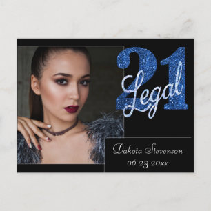 21 and Legal   Blue Faux Glitter Thank You Photo Postcard