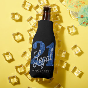 21 and Legal Blue Glitter Custom 21st Birthday Bottle Cooler