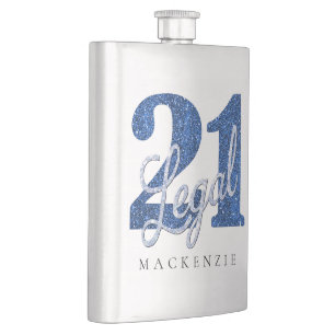 21 and Legal   Blue Glitter Custom 21st Birthday Hip Flask