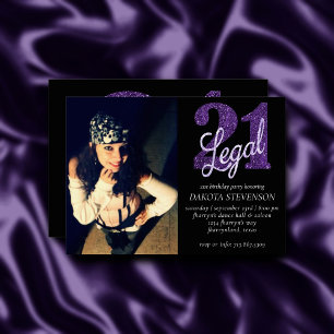 21 and Legal   Faux Purple Glitter Photo Keepsake Invitation