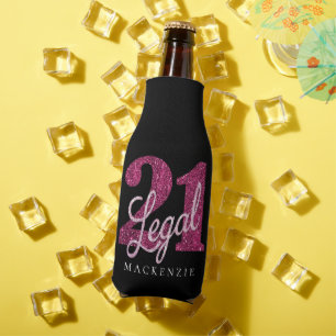 21 and Legal   Fun Pink Faux Glitter 21st Birthday Bottle Cooler