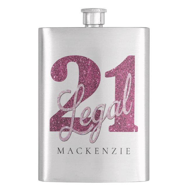 21 and Legal | Fun Pink Faux Glitter 21st Birthday Hip Flask (Front)