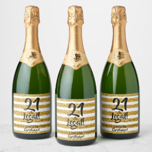 21 and Legal Gold Faux Glitter Stripes Custom Sparkling Wine Label