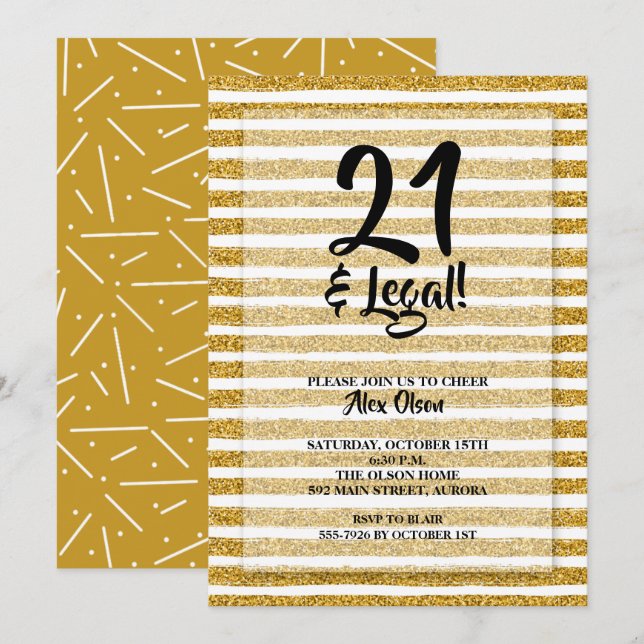 21 and Legal Gold Glitter Stripes Birthday Invitation (Front/Back)
