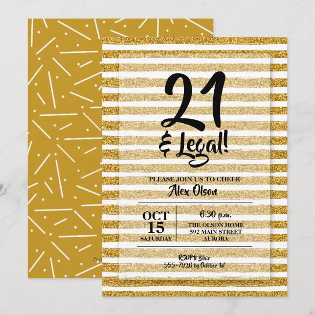 21 and Legal Gold Stripes Birthday Invitation (Front/Back)