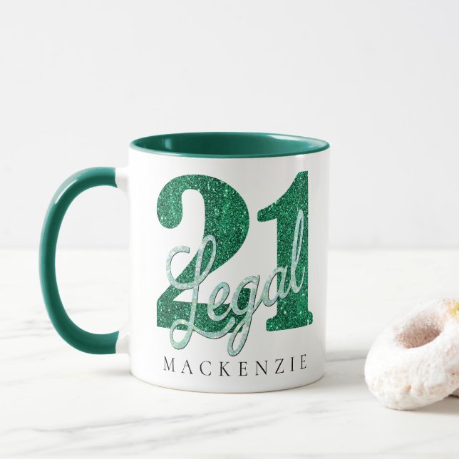 21 and Legal | Green Faux Glitter 21st Birthday Mug (With Donut)