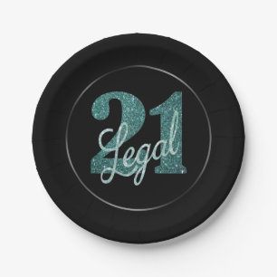 21 and Legal Green Faux Glitter 21st Birthday Paper Plate
