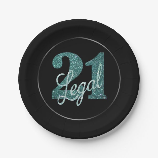 21 and Legal | Green Faux Glitter 21st Birthday Paper Plate (Front)